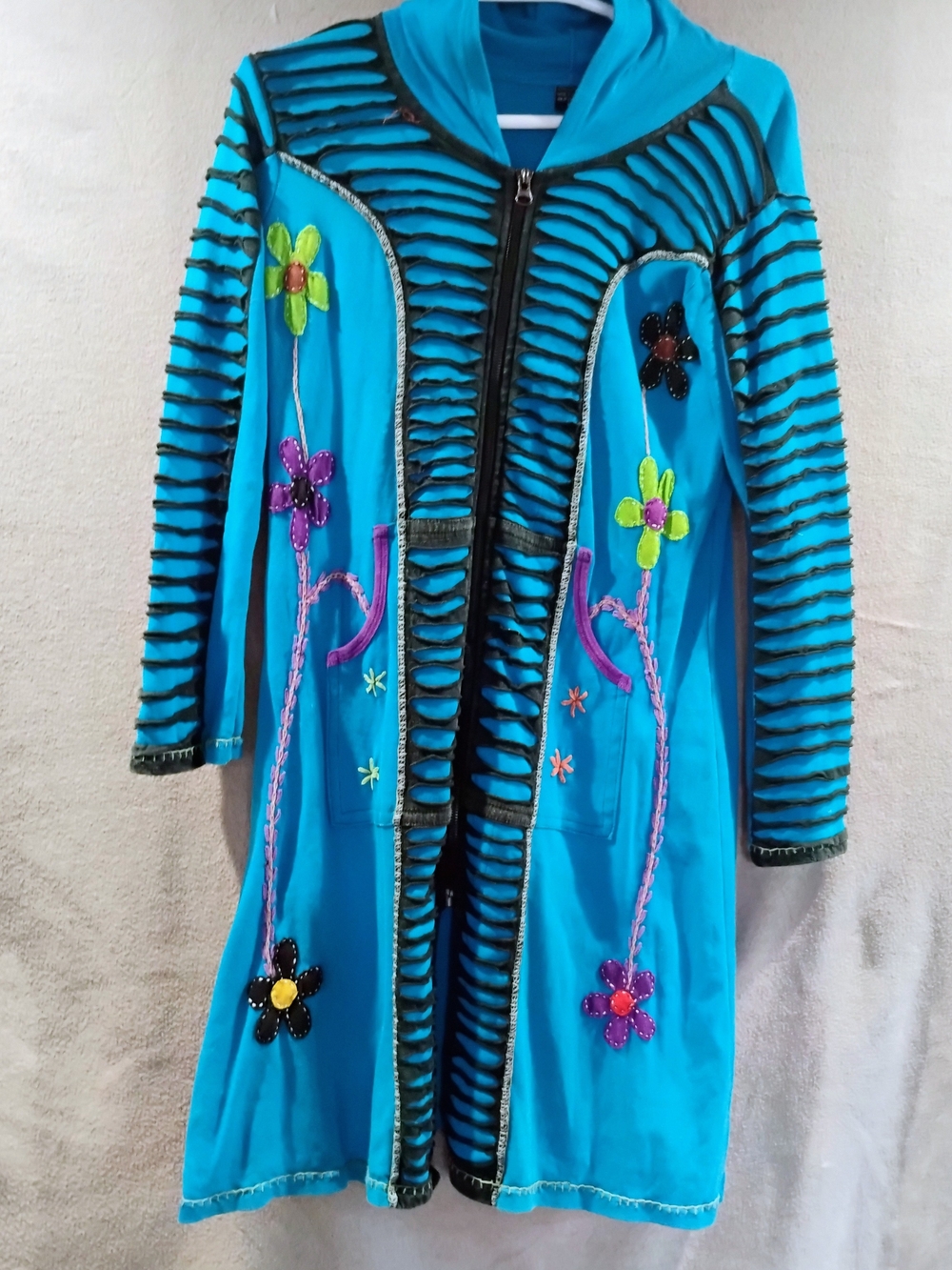 2/$15 Turquoise Blue Floral Appliqué Hooded Cardigan